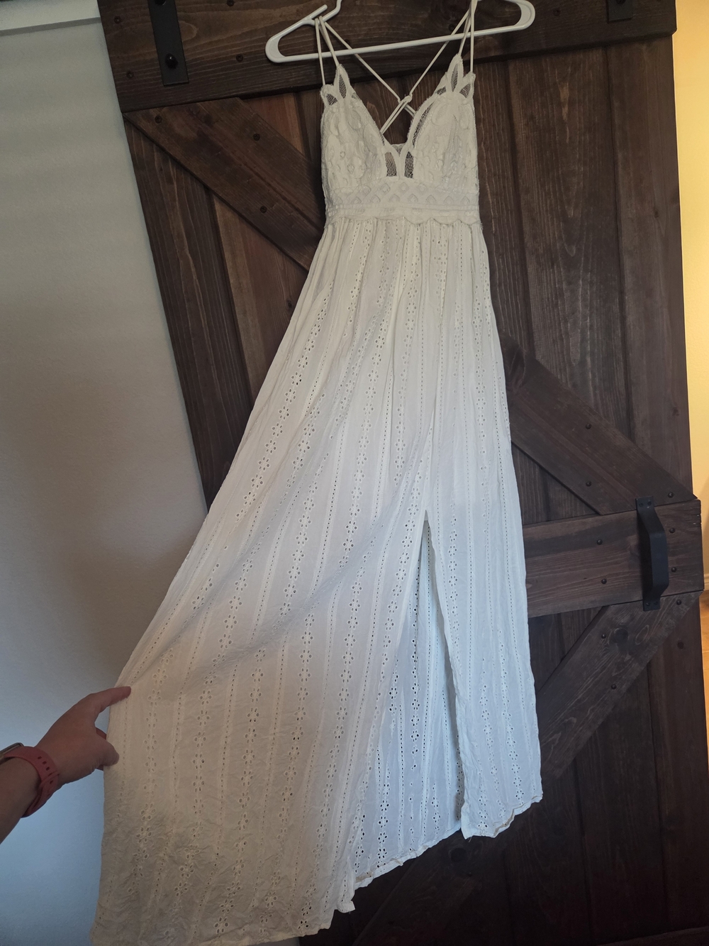 Off White Eyelet Maxi Dress with Lace Bodice
